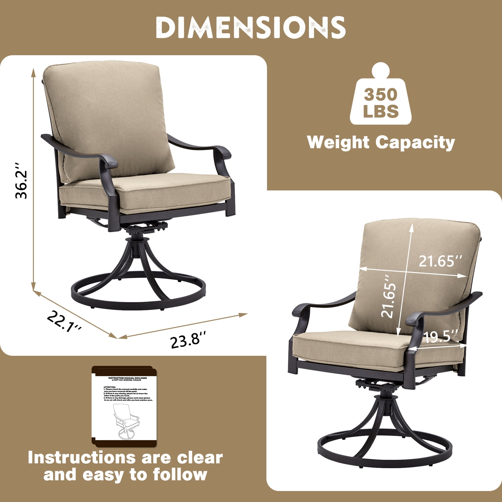 MELLCOM Patio Swivel Chair Set of 2, Heavy Duty Outdoor Dining Chairs with Thickened Cushions, Metal Patio Chairs Gentle Rocker for Outside, Garden Lawn & Porch, Backyard, Khaki