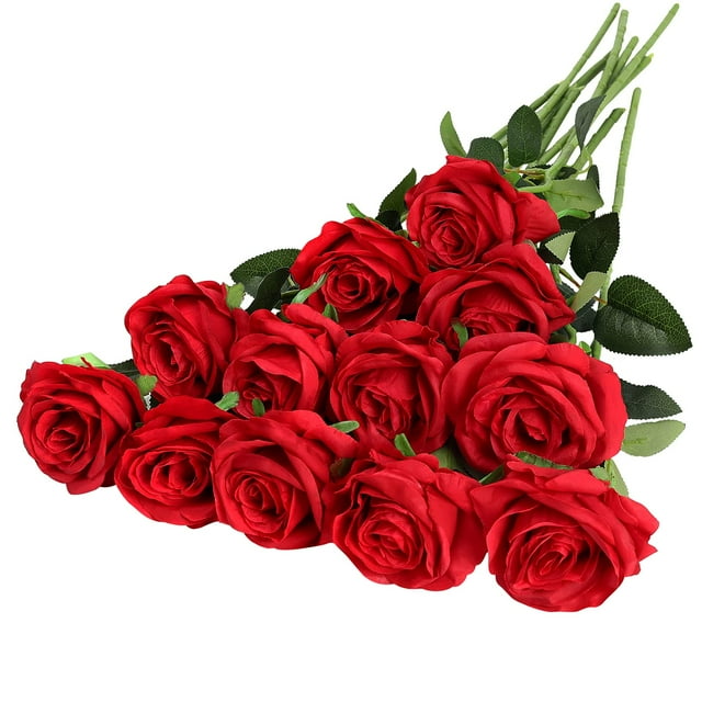 Artificial Silk Flowers Realistic Roses Bouquet Long Stem for Home Wedding Decoration Party (12PCS-Red)