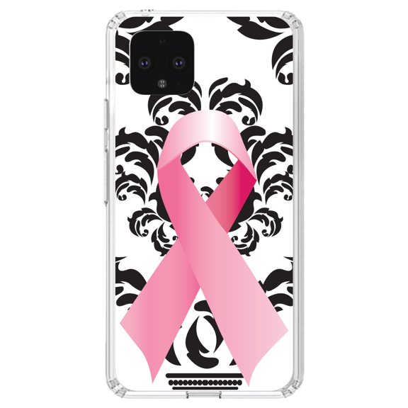 DistinctInk Clear Shockproof Hybrid Case for Google Pixel 4 XL (6.3" Screen) - TPU Bumper, Acrylic Back, Tempered Glass Screen Protector - Black Damask Pink Ribbon - Breast Cancer Awareness