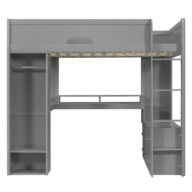 Full Versatile Loft Bed with L-Shaped Desk, LED Light Strip & Charging Station, Storage Kids Bed Frame with Drawers & Wardrobe