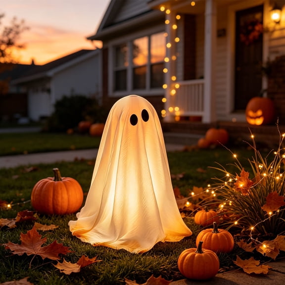 Halloween Wizard Ghost Light Up Decoration, Outdoor Spooky Stand Up Ghost with Witch Hat Warm Glowing Ornament, for Front Door Entrance Home Yard Garden Party Layout Display