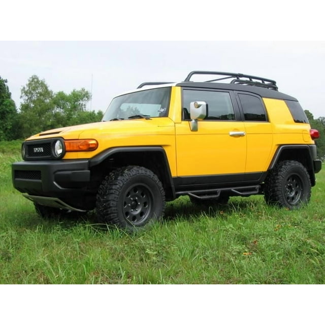 Fits 2007-2014 Toyota FJ Cruiser N-Fab Nerf Bar T0654FJ W2W Series; With Drop Down Steps; 2 Inch Round Bent; Black Textured Matte Powder Coated; Steel; Without End Caps; Rocker Panel Mount
