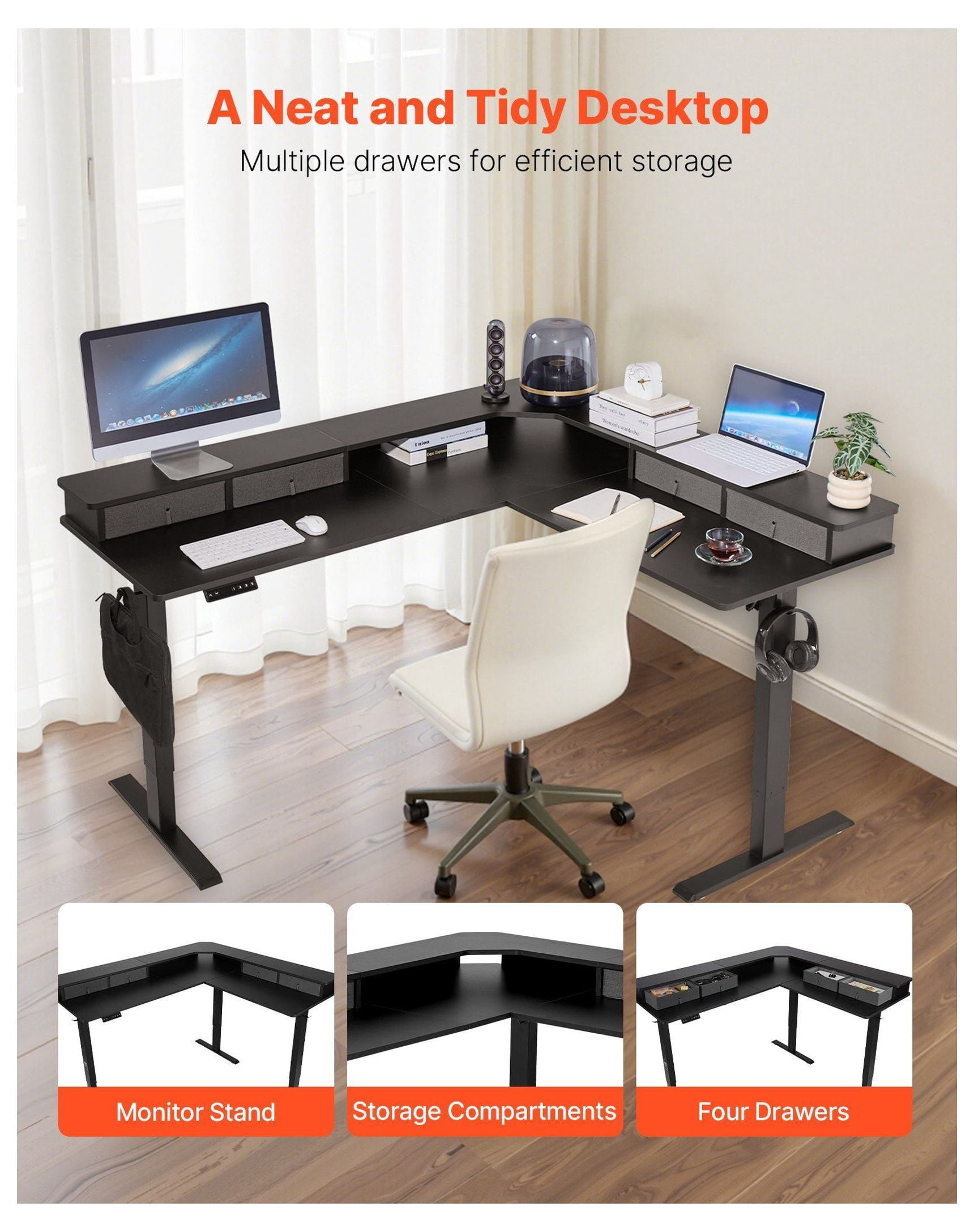 Electric L Shaped Desk, Adjustable Height Corner Desk with Drawers, Gaming Computer Desk, 63x55'' Standing Desk with Storage, Home Office Desk