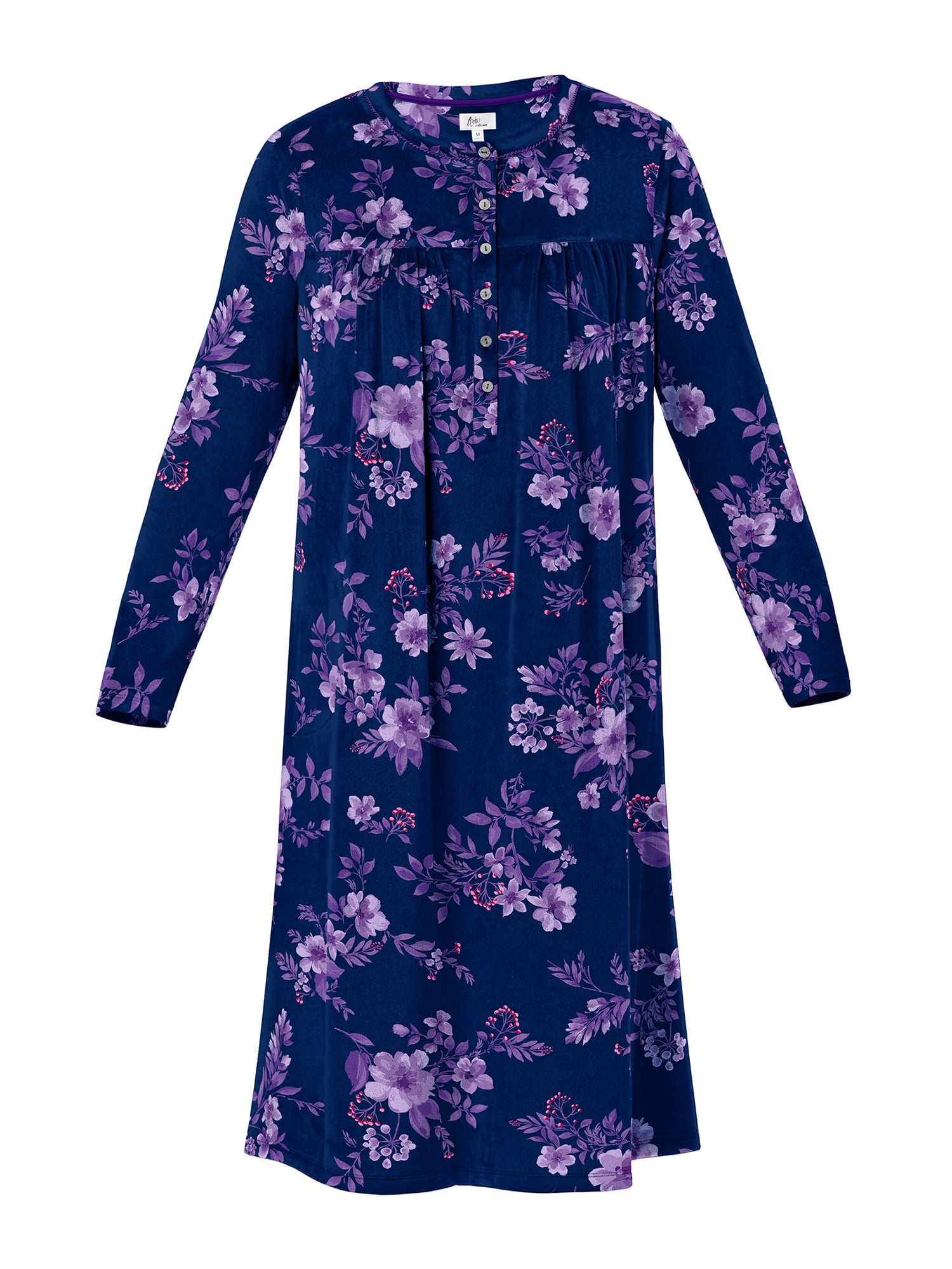 Aria Women’s Long Sleeve Stretch Velour 44" Sleepwear Nightgown, Sizes XS-5X