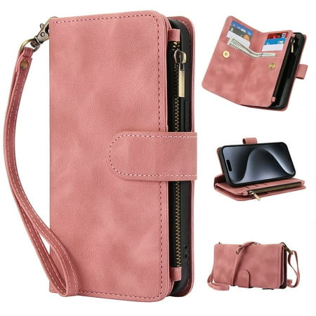 Crossbody Case for iPhone 7 / iPhone 8 / iPhone SE 2022 & 2020, RFID Blocking, Card Holder Wallet Cover, Zipper Pocket PU Leather Magnetic Snap Shoulder Strap Large Capacity Purse Phone Case, Rosegold