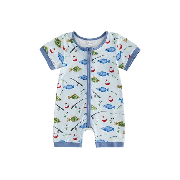 BemeyourBBs Newborn Baby Boy Summer Clothes 0 3 6 12 18 Months Infant Baby Fishing Outfit Romper Fish Rod Printed Short Sleeve Zip Up One Piece Jumpsuit Shorts