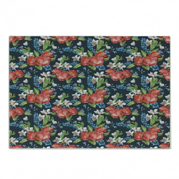 Floral Cutting Board, Watercolor Bouquet of Flowers with Blueberries Green Leaves and Little Butterflies, Decorative Tempered Glass Cutting and Serving Board, Small Size, Multicolor, by Ambesonne