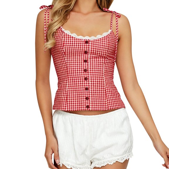 Telankuip Summer Cute Plaid Spaghetti Strap Tank Tops Fashion Lace Trim Scoop Neck Sleeveless Slim Fit Camisole Casual Button down Tie Shoulder Checked Going out Cropped Cami Red S