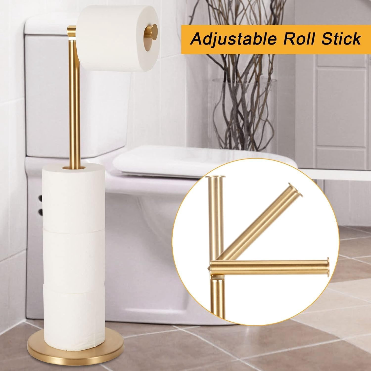 RGHJAR-Toilet Paper Holder Stand, 22inch Bathroom Toilet Paper Stainless Steel Pedestal Tissue Roll Holder, Free Standing Toilet Paper Holder for 3-4 Rolls（Gold）