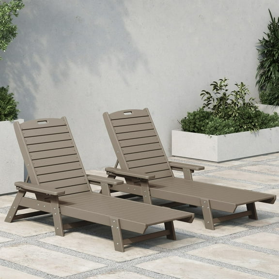 WestinTrends Malibu Outdoor Lounge Chairs Set of 2, All Weather Poly Lumber Patio Chaise Lounge Pool Chairs with 5 Positions Backrest, Weathered Wood