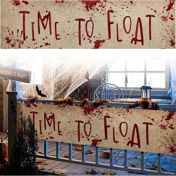 EBAOKUUP 71" x 20" Halloween Bloody Banner Yard Sign- Burlap Horror Time To Float Banner- Scary Halloween Banner Backdrop Decoration for Haunted House Yard Outdoor Fence Garden Parties Decor