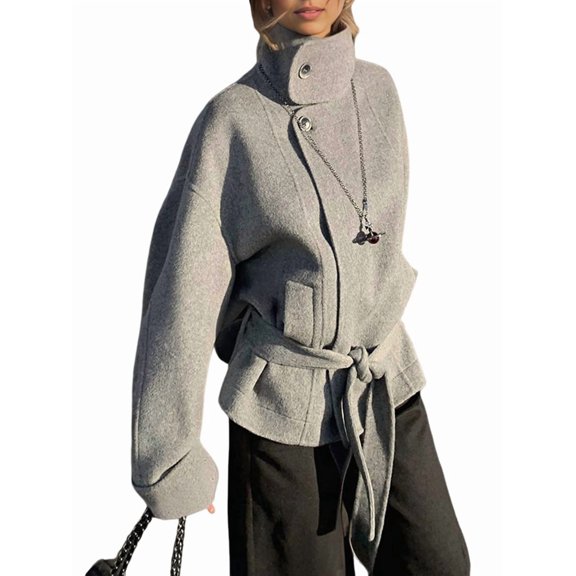 Women Wool Pea Coat Stand Collar Single Breasted Trench Overcoat Jackets with Belt Gray XS