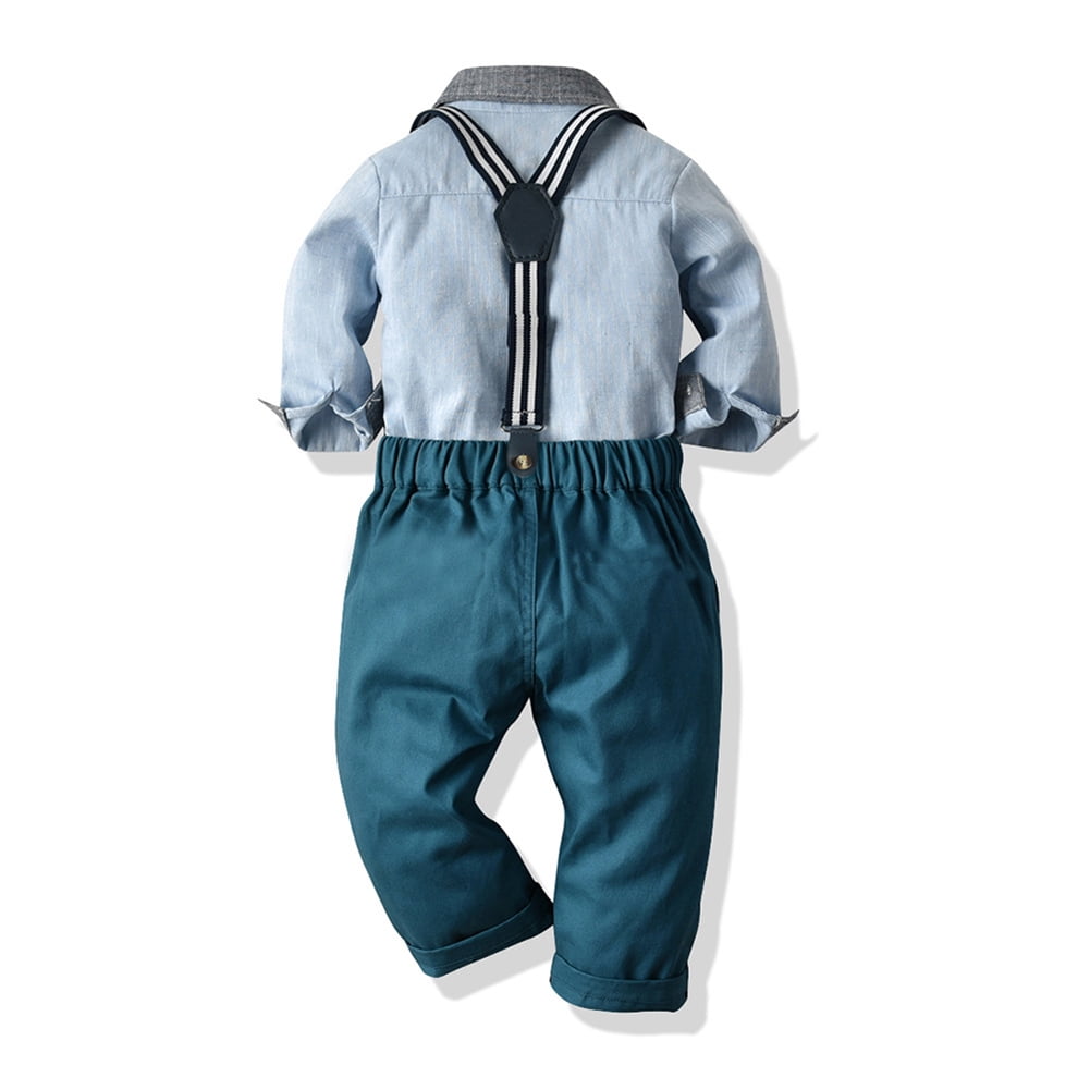 IDOPIP Toddler Kids Baby Boys Gentleman Outfit Striped Shirt with Bowtie + Long Suspender Pants Overalls Clothes Wedding Baptism Formal Suit