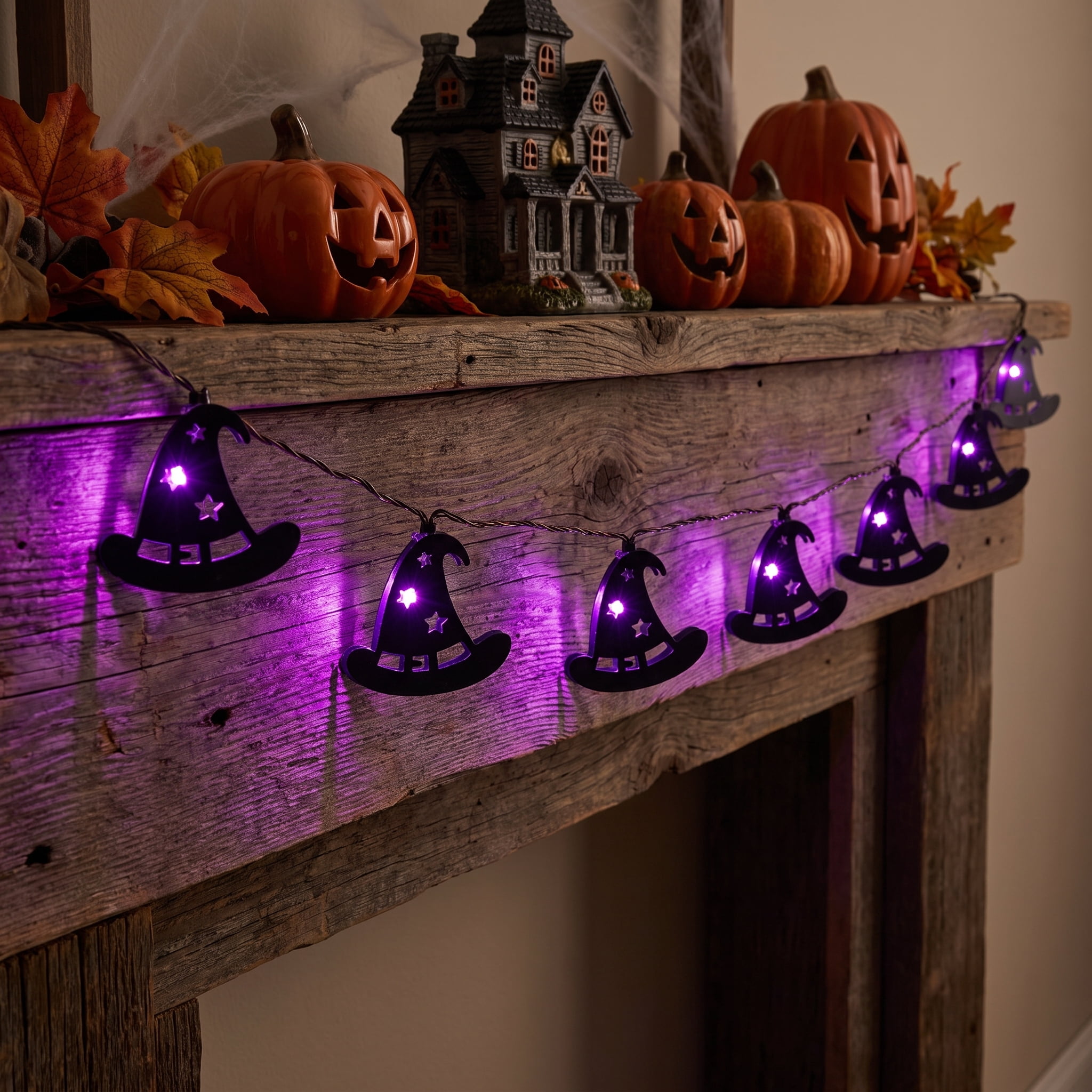 Indoor 10-Count Battery-Operated LED Metal Witch Hat String Lights, Purple, 4.5', Halloween by Way To Celebrate