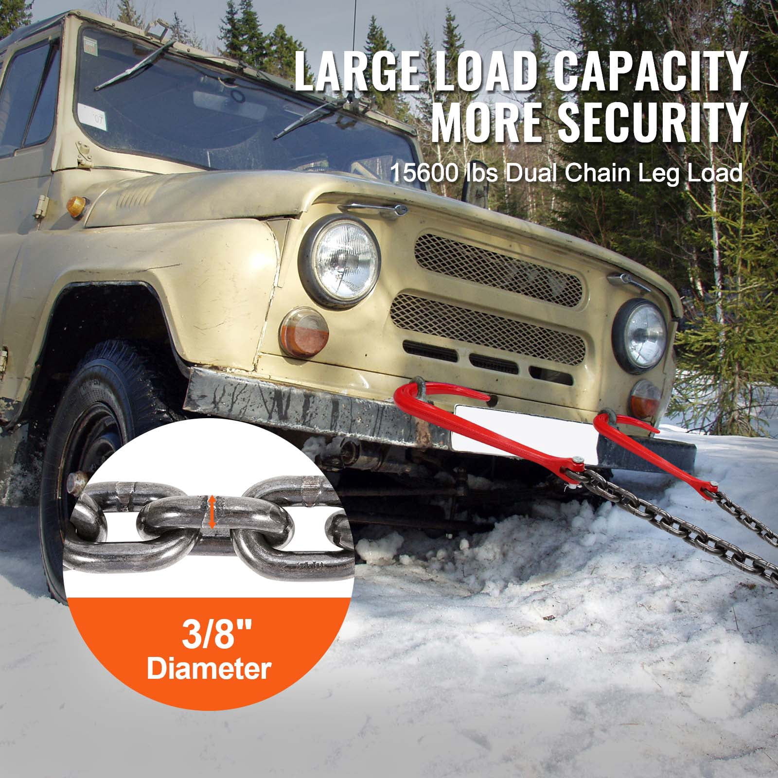 KFFKFF G80 V-Style Chain, 3/8" x 3' Bridle Chain with 15" J Hooks & Grab Hooks, Robust Transport Towing Chain Bridle with 7800 lbs Safe Load Capacity, Ideal for Flatbed Trailer Wrecker Salvage