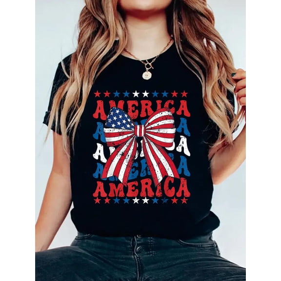 Cotton American Coquette Bow Patriotic USA Flag Happy 4th Of July T-Shirt Women's Graphic Tee Casual Tops