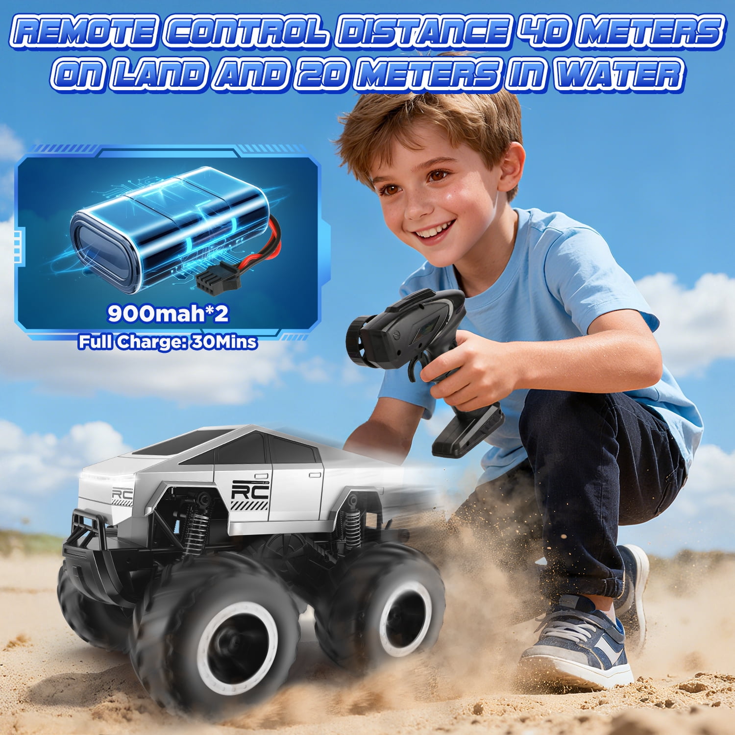 Huge Wave 1:16 RC Monster Truck, Waterproof Amphibious Remote Control Car, 2.4GHz 4WD Off-Road Stunt Car, Christmas Birthday Gift Toys for Boys & Girls Kids Ages 4-12