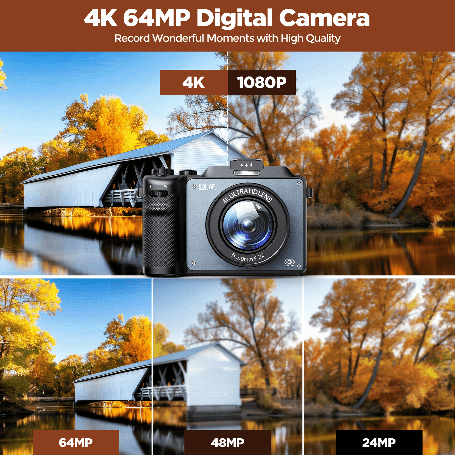 Campark AC16 64MP Digital Camera 4K/30FPS Video with Case, 64GB Card for Beginners