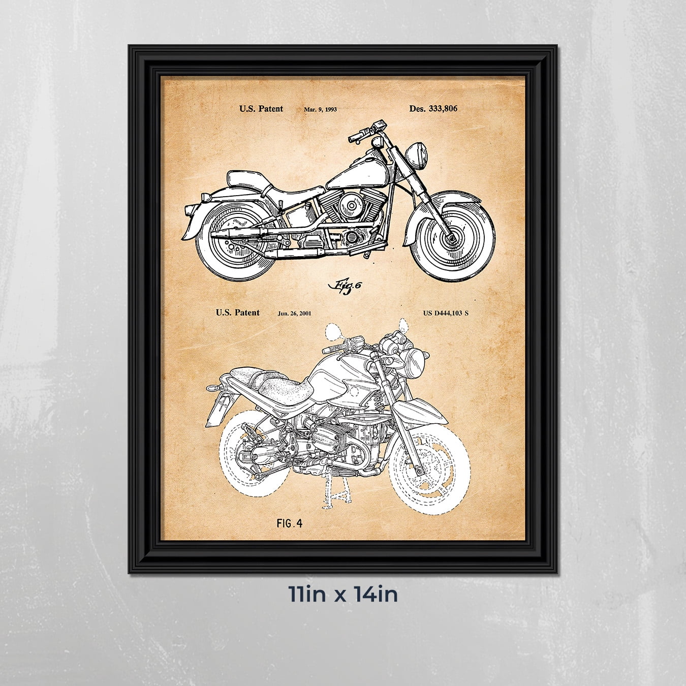 Harley Davidson Decor 1993 and 2001 Framed Motorcycle Patent Print, Unique Harley Davidson Wall Art, Vintage Motorcycle Gifts For Men, 2138B