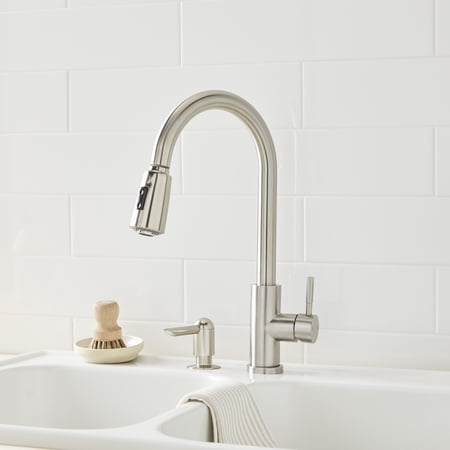 BETTER HOMES & GARDENS ELMONT HIGH SPOUT SINGLE HANDLE PULL DOWN KITCHEN FAUCET WITH SOAP DISPENSER, SATIN NICKEL