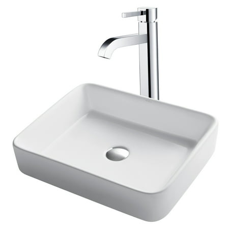 12 Inch Vessel Sink - KRAUS 19-inch Modern Rectangular White Porcelain Ceramic Bathroom Vessel Sink and Ramus™ Faucet Combo Set with Pop-Up Drain, Chrome Finish