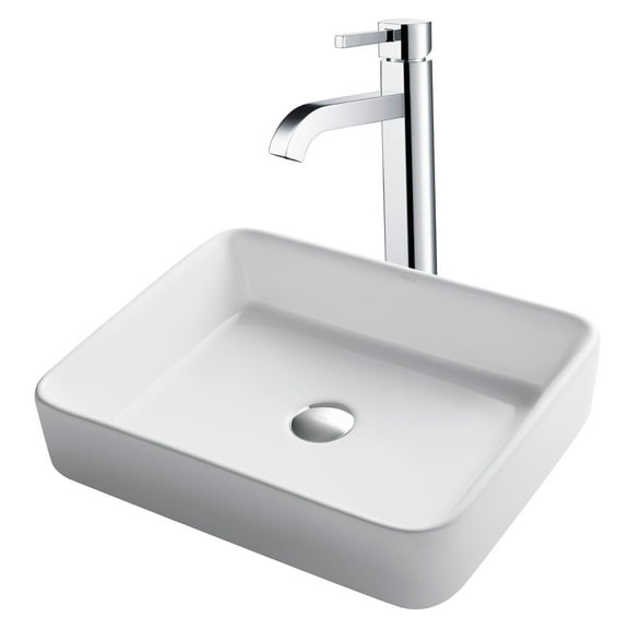 KRAUS 19-inch Modern Rectangular White Porcelain Ceramic Bathroom Vessel Sink and Ramus Faucet Combo Set with Pop-Up Drain, Chrome Finish
