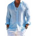 thumbnail image 2 of Men's Long Sleeve Linen Shirt Turn Down Collar Business Casual Regular Fit for Spring Fall Office Wear,Light Blue,L, 2 of 5