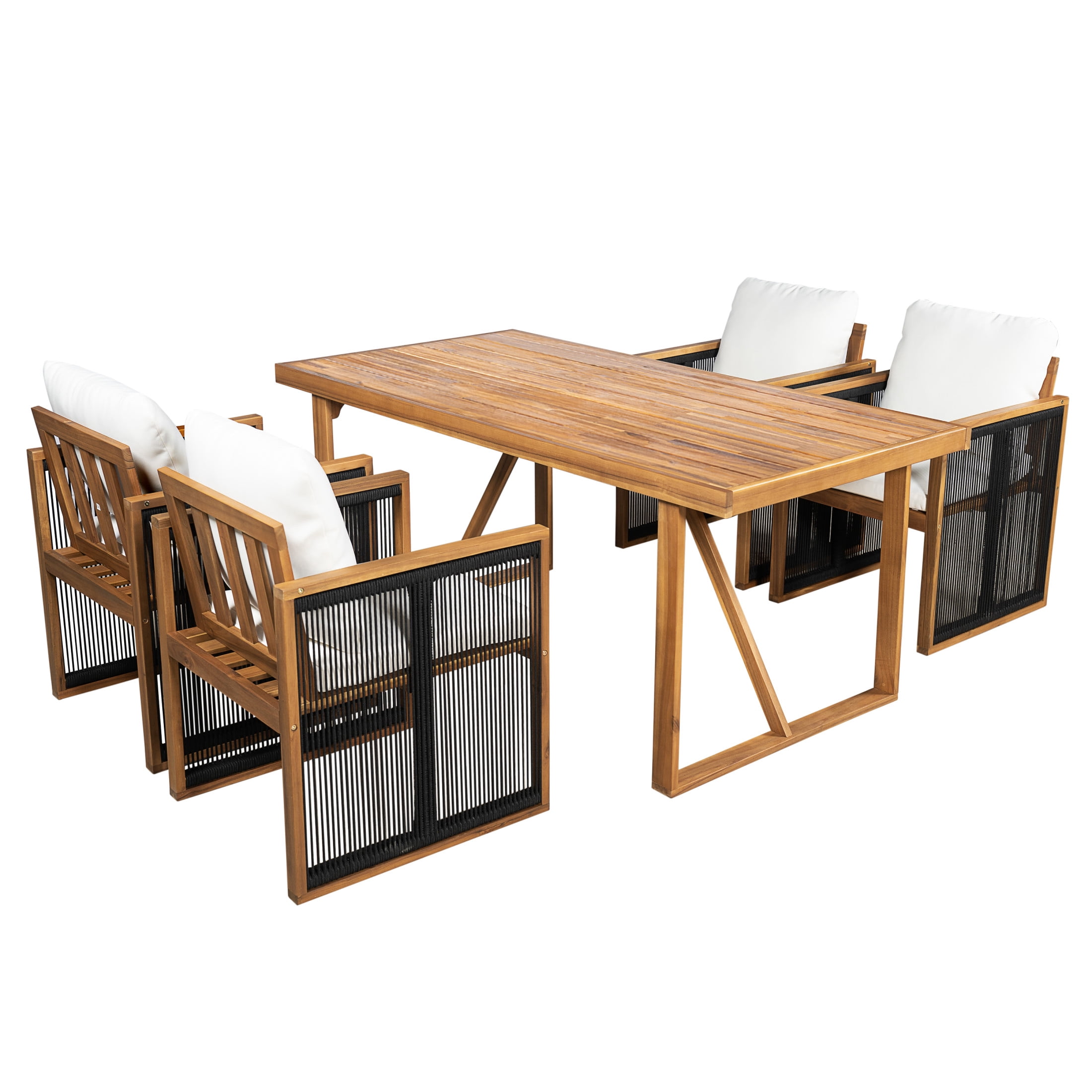 Christopher Knight Home 5-Piece Modern Wooden Outdoor Dining Set with Rope Chairs and Cushions, Black