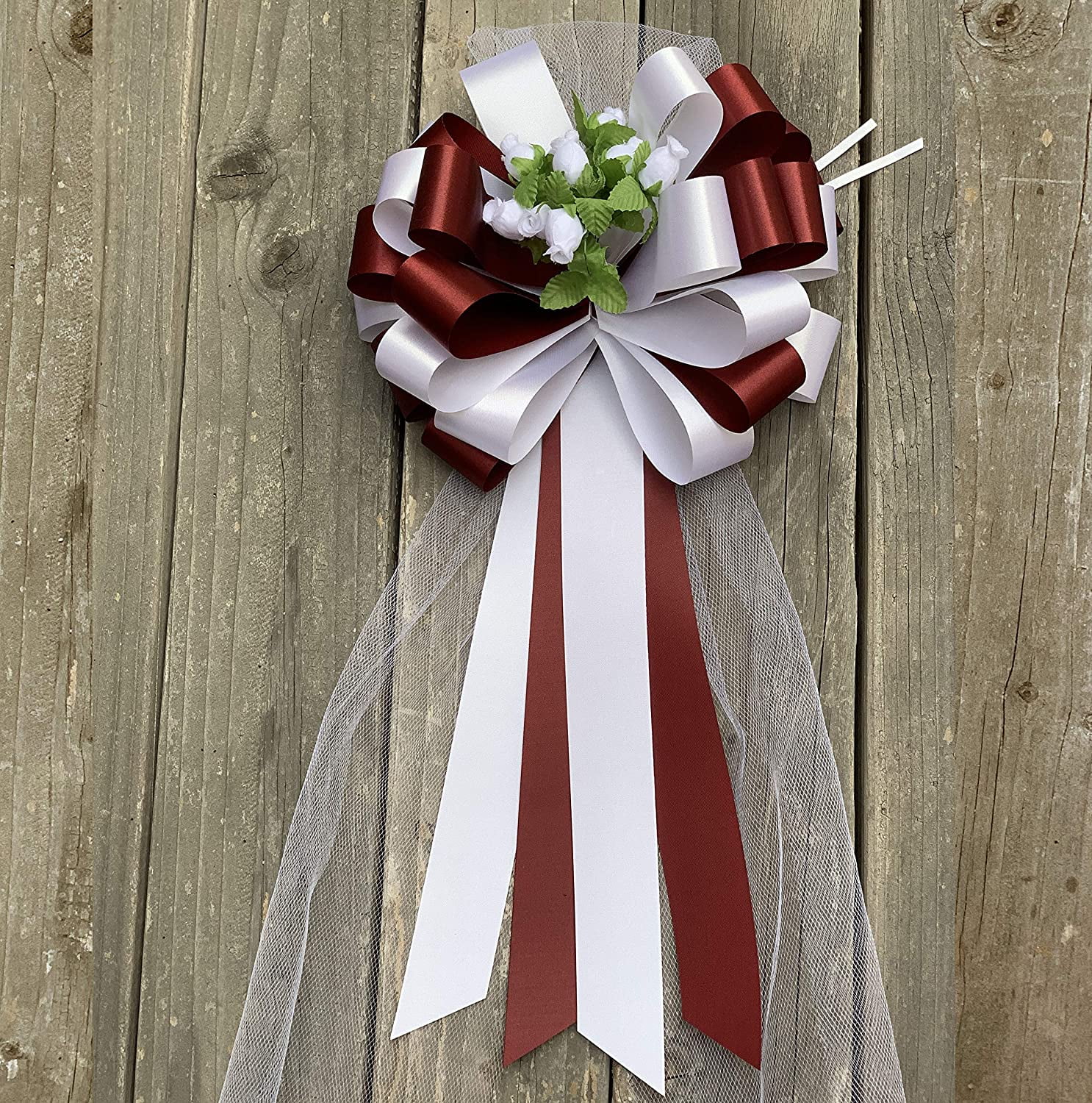 Burgundy and White Wedding Pull Bows with Tulle Tails and Rosebuds - 8" Wide, Set of 6, Pew Bows, Anniversary, Reception, Birthday, Christmas, Valentine's Day