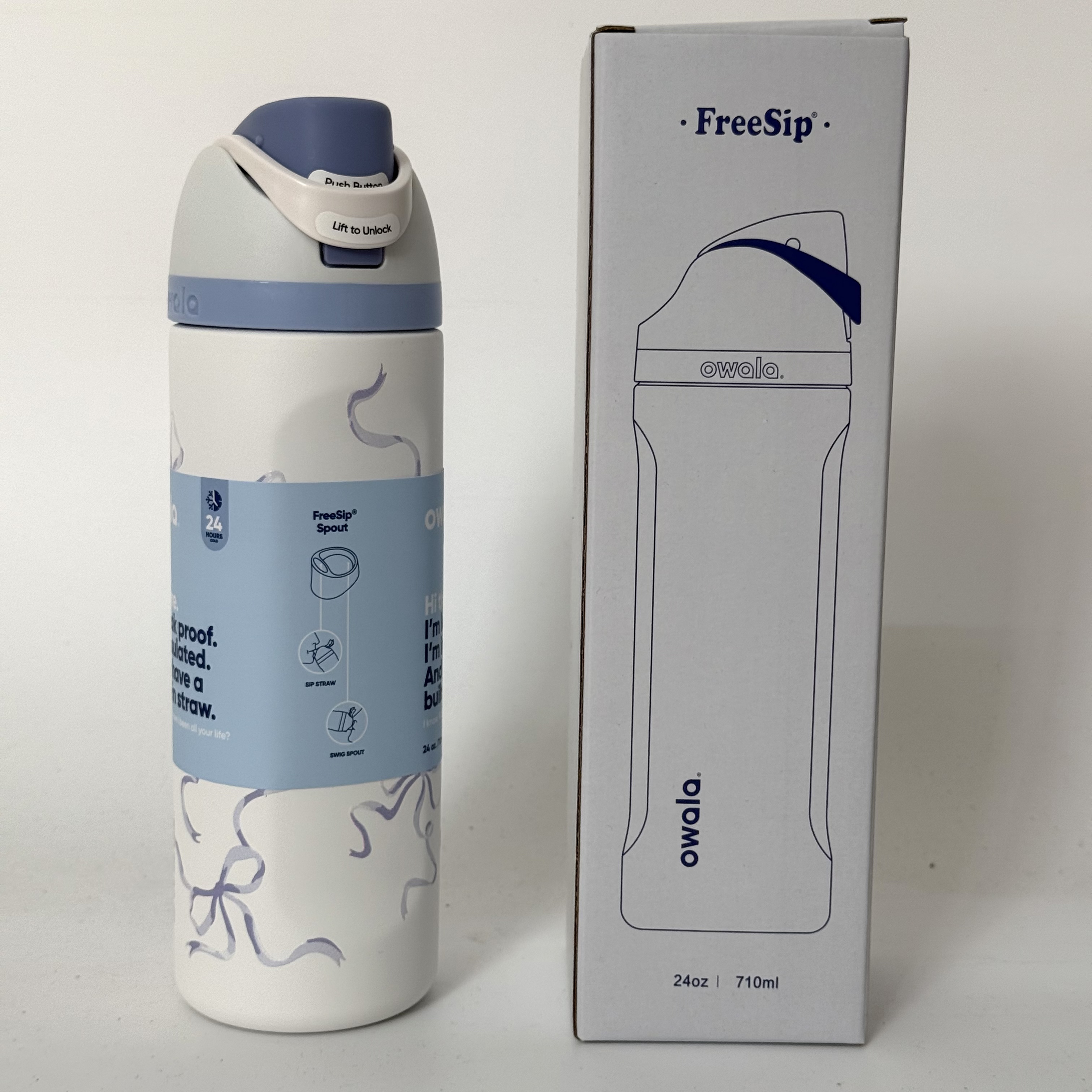 Owala FreeSip Stainless Steel Water Bottle, 24oz, Blue Bows