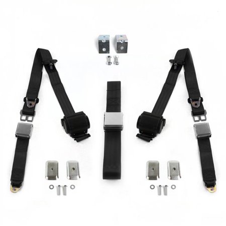 SafeTBoy Airplane 3 Point Black Retractable Bench Seat Belt Kit with Bracketry for Jeep Wagoneer 1963-1991 - 3 Belts
