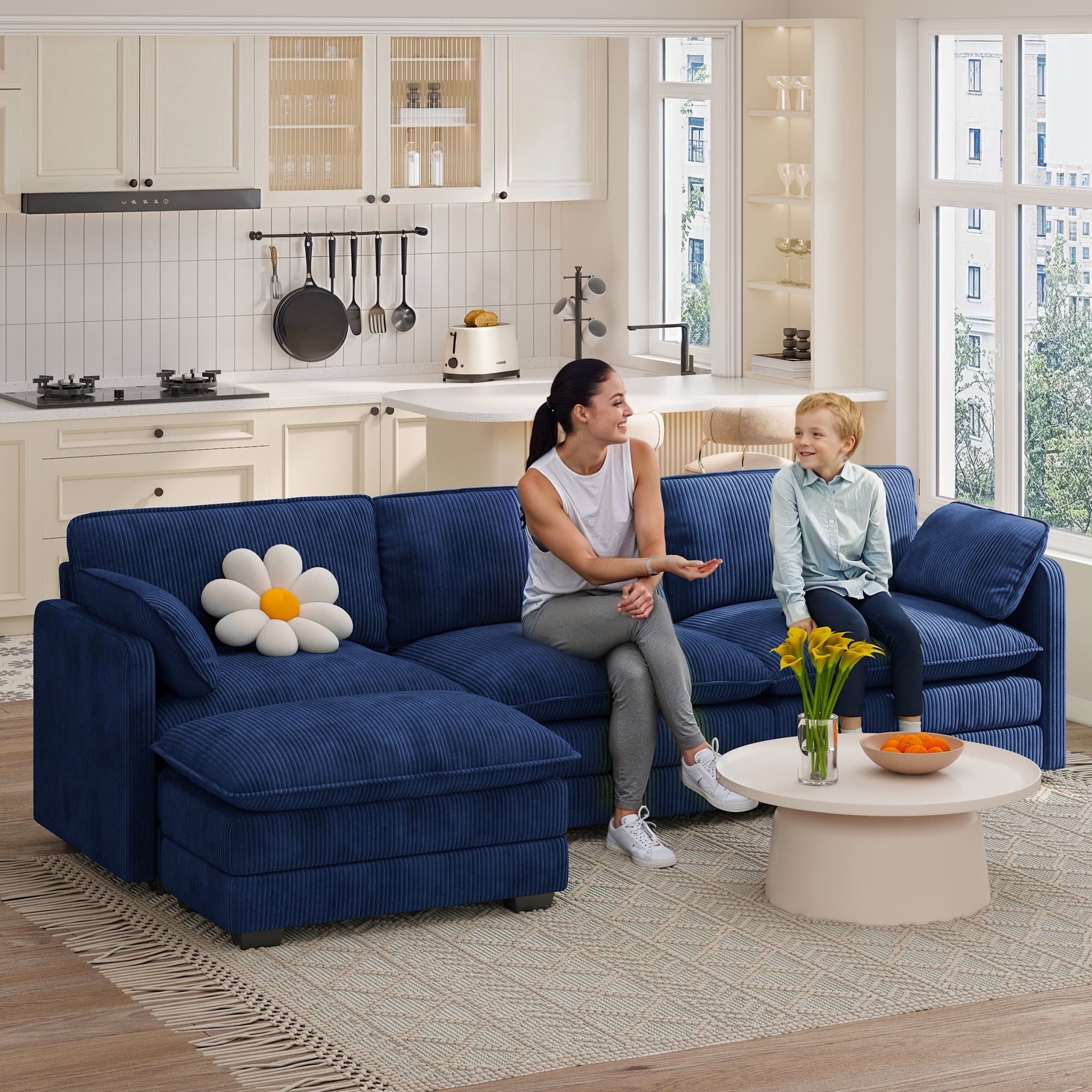 Noelse 110" L Shaped Sofa Couch Modular Sectional Cloud Couch with Movable Ottoman, 3-Seater Comfy Corduroy Deep Seat Sofa with 2 Pillows for Living Room, Bedroom, Blue, Clearance