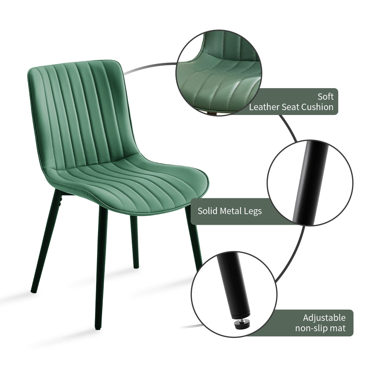 L'AGRATY Modern Dining Chairs Set of 2, High Back PU Leather Upholstered Kitchen Chairs with Cushion - Heavy Duty Metal Legs for Dining Room, Restaurant, Cafe (Green)