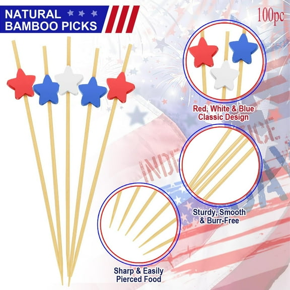 4th of July Independence Day 250th Anniversary Star Cocktail Picks, 100-Pack Red White Blue Patriotic Bamboo Fruit Skewers for Appetizers 250th Anniversary C#007 Red & Blue
