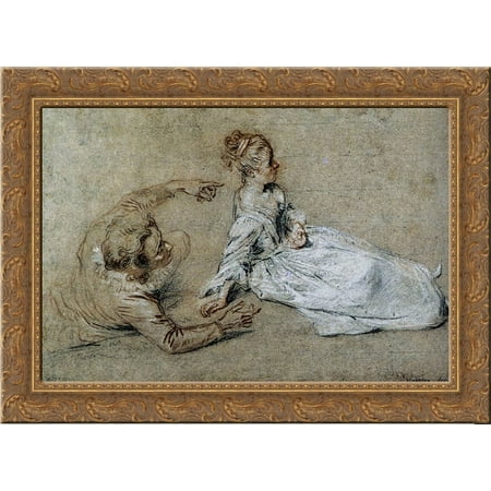 Sitting Couple 24x18 Gold Ornate Wood Framed Canvas Art by Antoine Watteau
