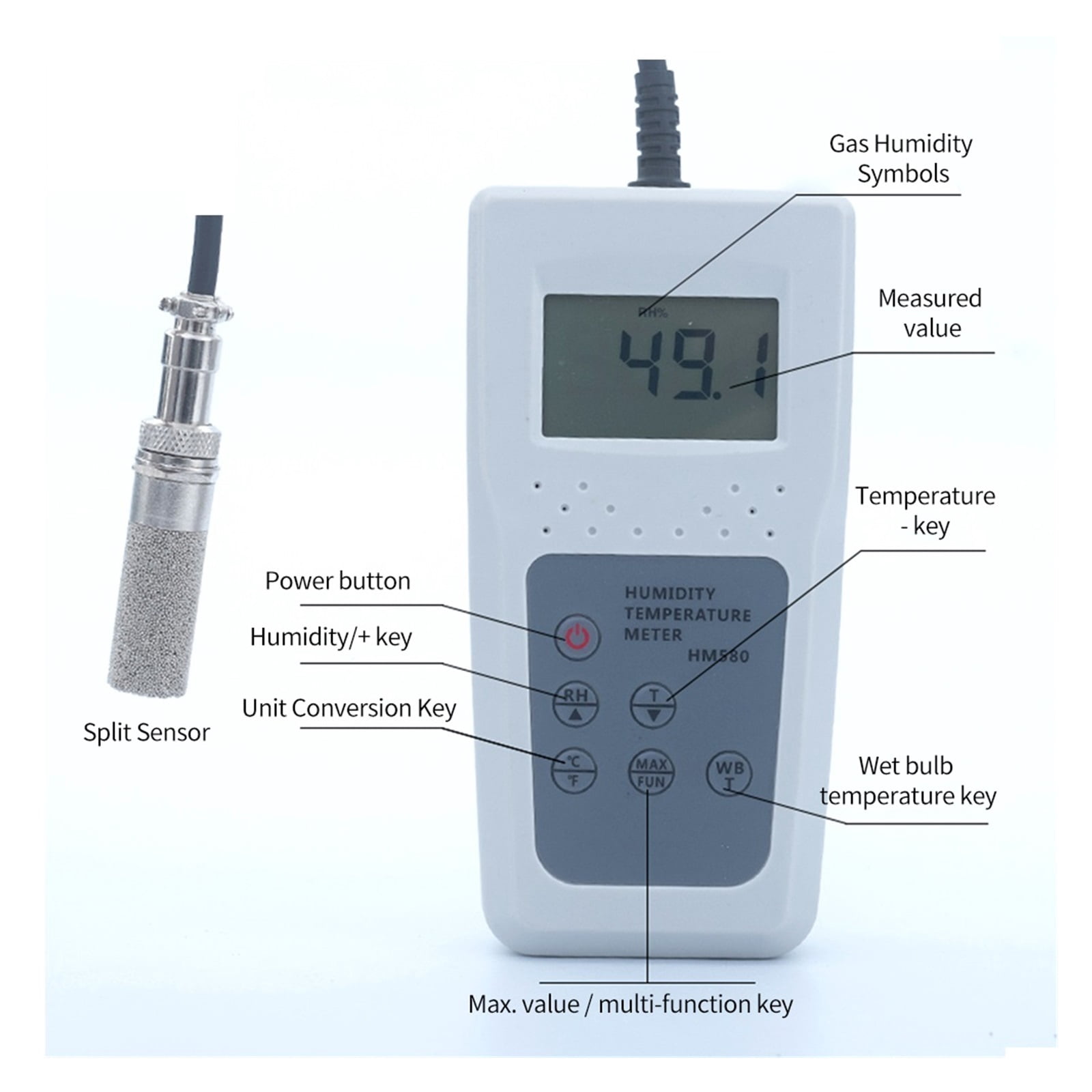 Handheld Gas Temperature And Humidity Measuring Instrument Receiver Moisture Meter HM580