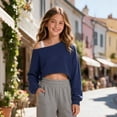 thumbnail image 3 of XINXIAOO Girls Off the Shoulder Sweatshirt Asymmetrical Long Sleeve Cute Crop Top Sweatshirt Pullover Spring Fall Girls Clothes 9-10 Years, 3 of 6