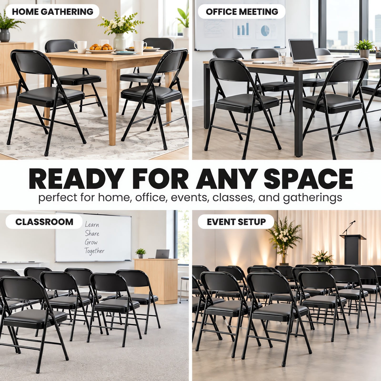 Telyra 4 Pack Folding Chairs Leather Padded Seat and Backrest Foldable Metal Chairs for Indoor Outdoor Use,Black