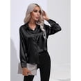 thumbnail image 3 of Blusa de mujer camisas de seda satinada con cuello en V camisa de manga larga holgada elegante, 3 of 6