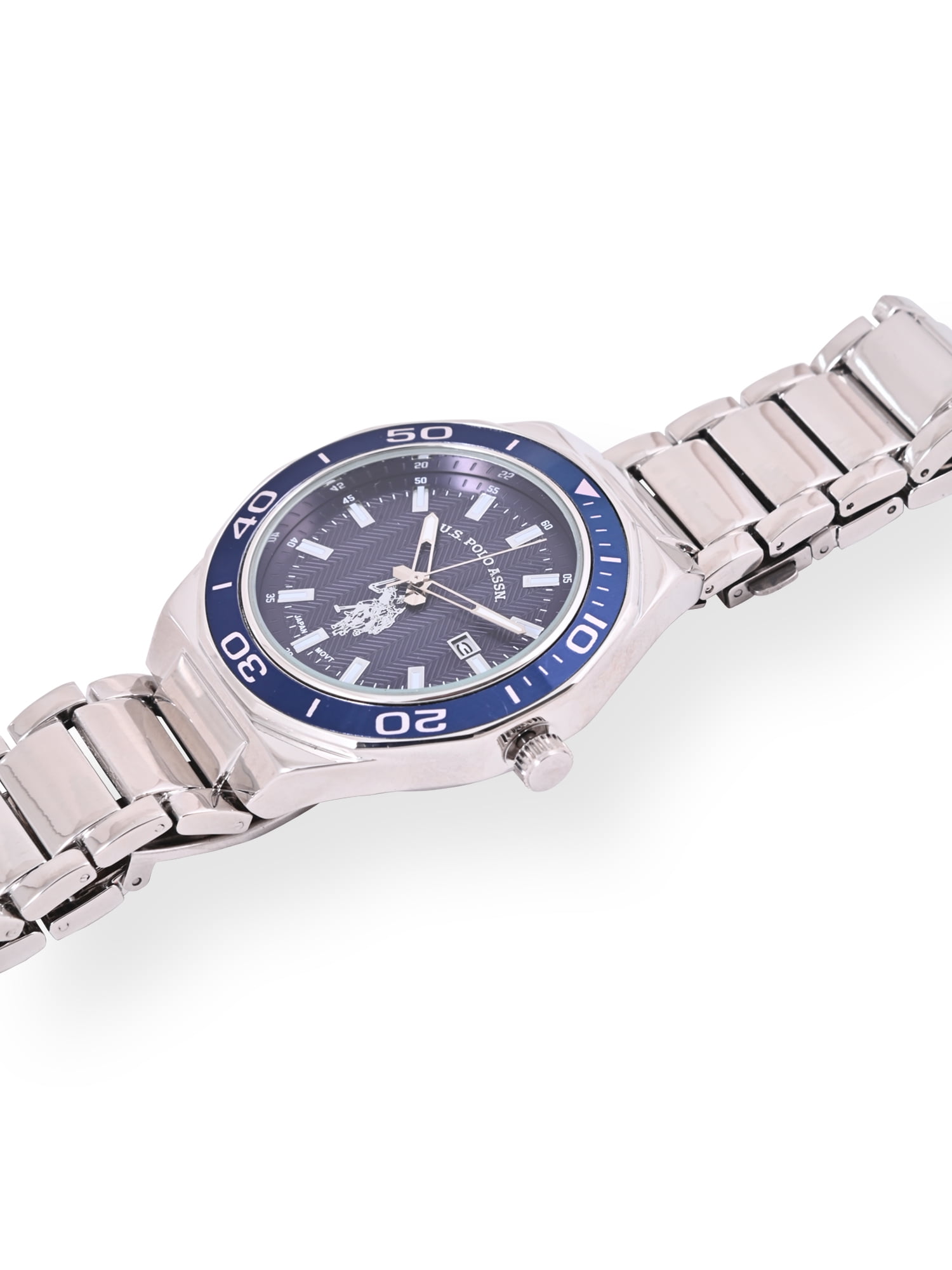 U.S. Polo Assn. Adult Male Silver Bracelet Analog Watch with Blue Sport Bezel & Blue Dial (USC80731WM)