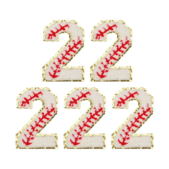 5 Pcs Baseball Number Patches Iron on, 2.76"x1.81" Chenille Number 2 Patches Golden Glitter Embroidered (White)