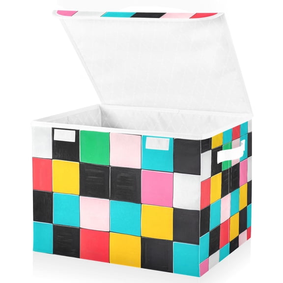Yayeee Collapsible Cube Storage Bin with Lid Fabric Closet Decorative Basket with Handles, Blue Checkered Pattern