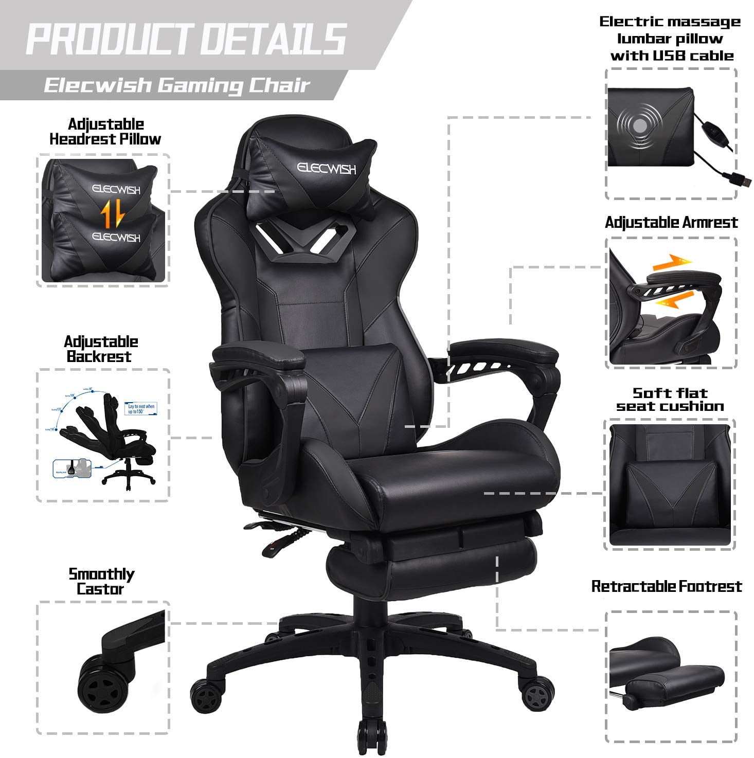 elecwish massage computer gaming chair reclining ergonomic racing office  chair with footrest high back pu leather gaming desk chair large size  esport