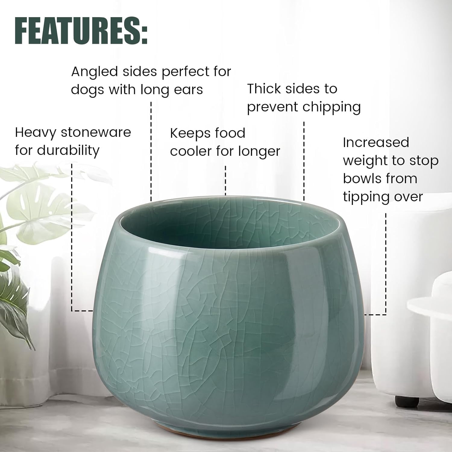 1 Pack 37 oz Ceramic Dog Bowl for Large Dogs with Long Ears No Spill Water & Food Pet Bowl Cocker Spaniel Beagle Bassett (Pale Cyan)