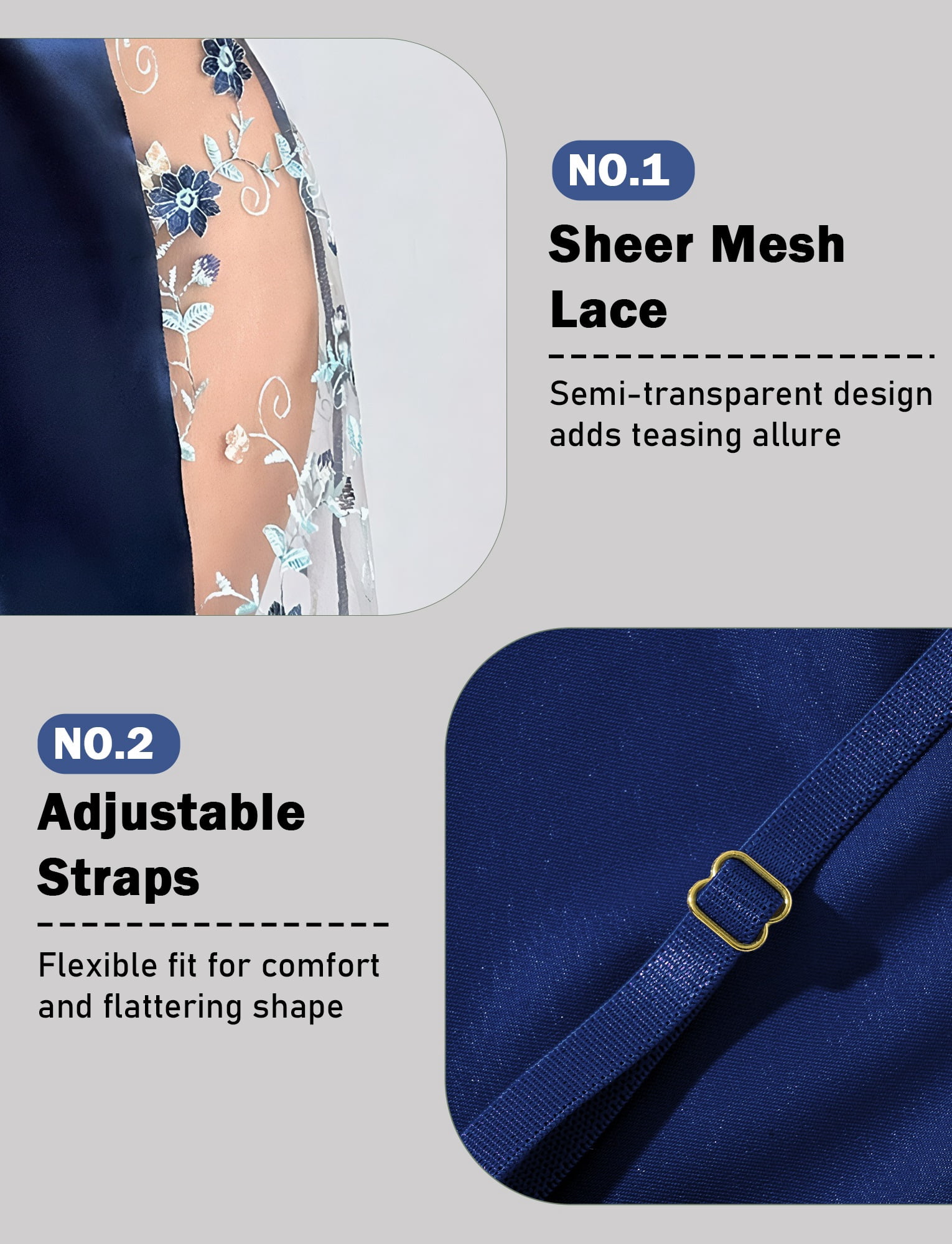 Ausing Women's Lace V-Neck Nightgown Satin Babydoll Sleepwear Floral Embroidery Cutout Night Dress Mesh Sheer Closure Front Lingerie Dress L Blue