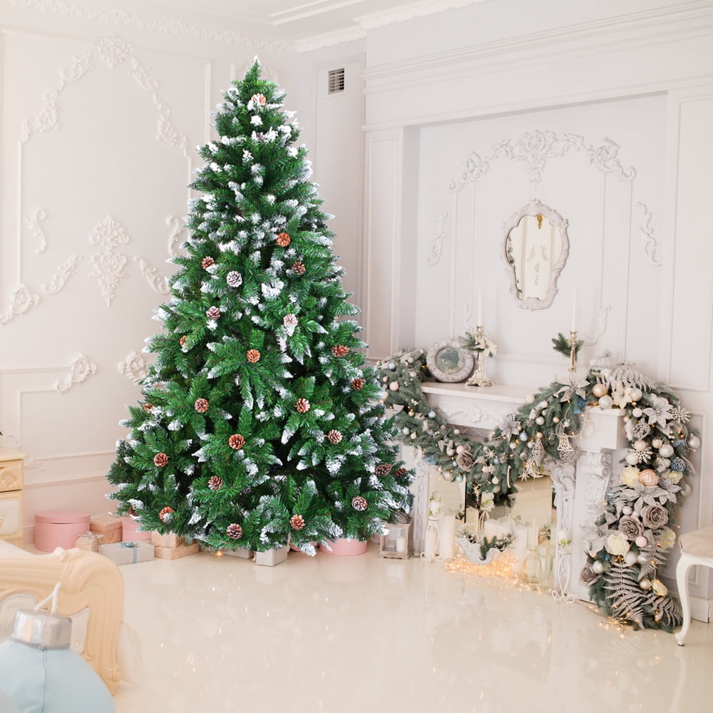 Kepooman 7FT Artificial Christmas Tree with Metal Stand for Home Office Party Decor, Xmas Tree with 1350 Branches Flocking Spray & Pine Cones, Green Kepooman 7FT Artificial Christmas Tree with Metal Stand for Home Office Party Decor, Xmas Tree with 1350 Branches Flocking Spray & Pine Cones, Green