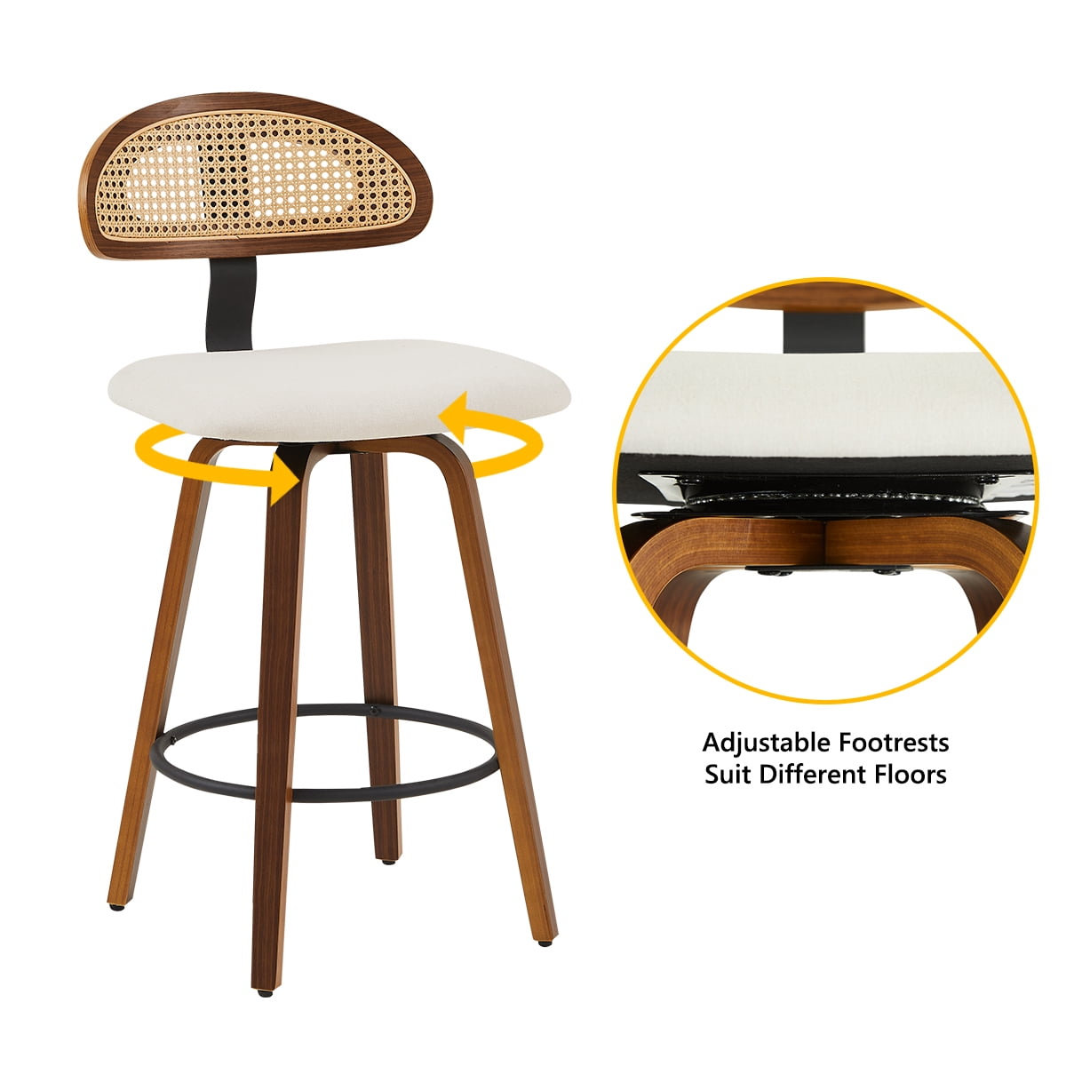 360° Swivel Rattan Bar Stools Set of 2, Counter Height Modern Kitchen Island Stools With Footrest, Uphostered Cushion, Comfortable Durable, White