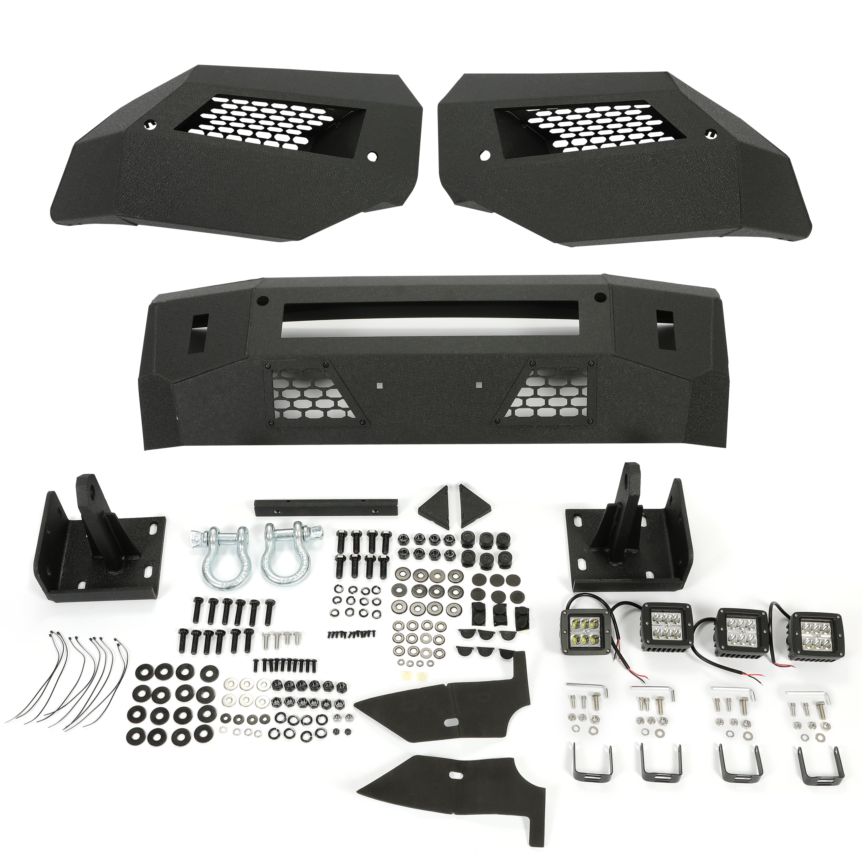 Kojem Front Bumper Off-road 3-Piece Modular for Dodge Ram 1500 Classic 2WD/4WD 2013-2021 14 15 16 17 18 19 20 with 4 LED Lights Textured Black