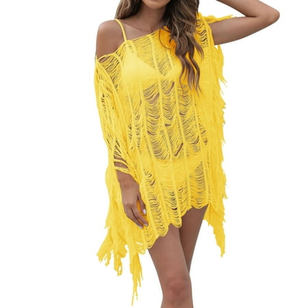 Xudanell Swimsuit Cover-Up & Bikini Cover-Up Dress for Women Solid Round Neck Tassel Kaftan Comfortable Summer Vacation Wear (A096-Yellow One Size)