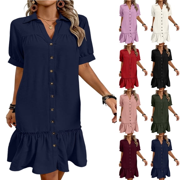 Lovzfmll Women's V Neck Short Sleeve Ruffle Hem Solid Shirt Mini Dress, Loose Casual Dress Navy, 2XL